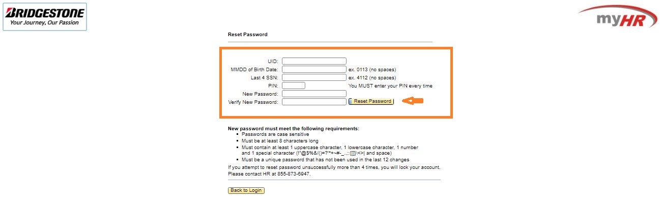 MyHR BFusa Bridgestone Portal Login password dimenticata passo 2